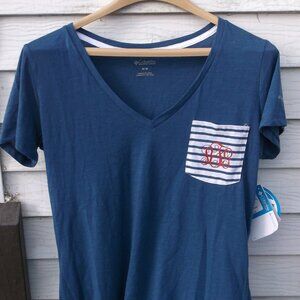 Columbia PFG Monogram V‑Neck Short Sleeve Tee NWT Women’s M Blue with White Trim
